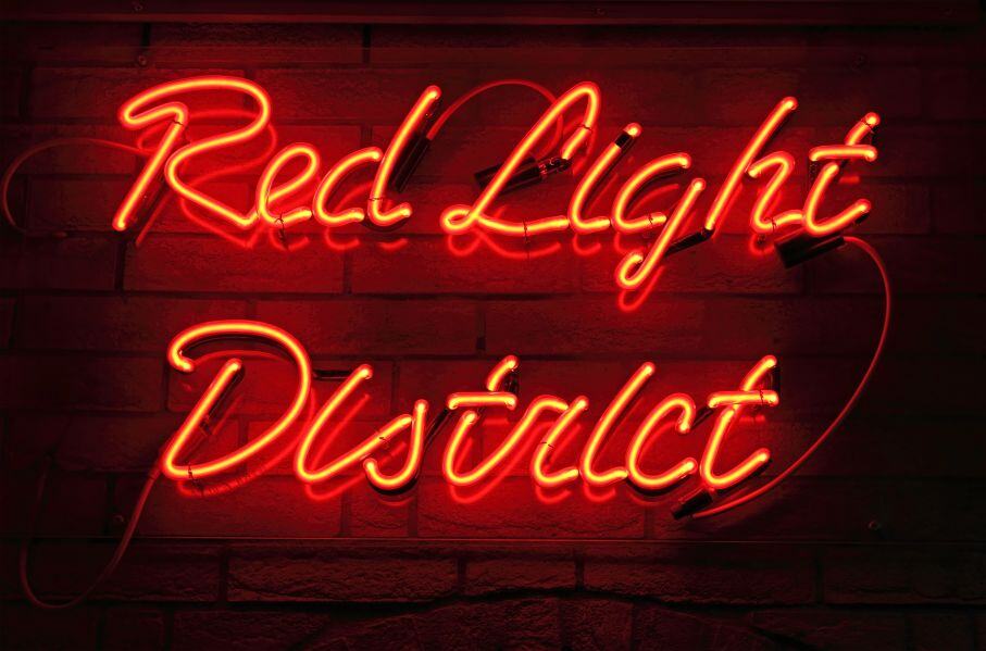 Neon sign reading "Red Light District" in red cursive against a dark brick wall background, evoking the allure of historical brothels in the USA.