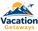 Logo featuring stylized mountains, a sun, and an airplane soaring above the bold blue and orange text "Vacation Getaways.